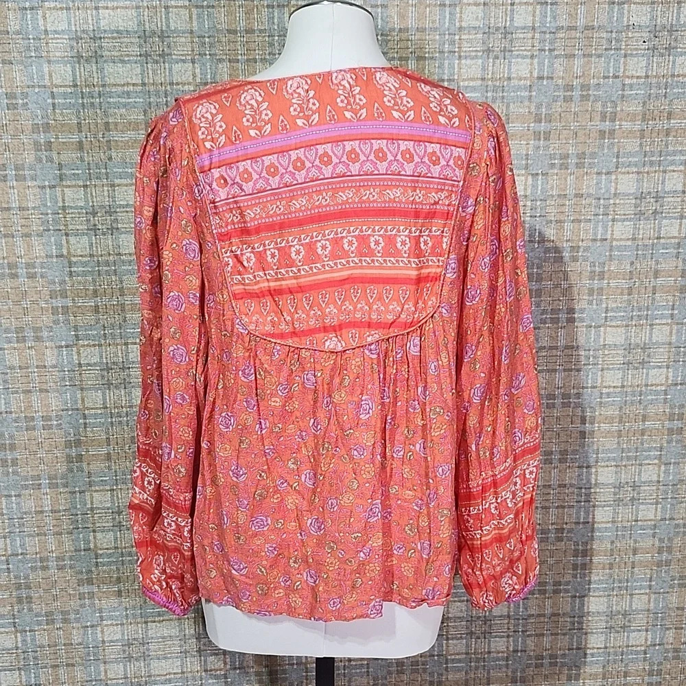 Lucky Brand Boho Peasant Top Orange Floral Embroidered Lace-Up Tassel Blouse - Picture 7 of 10
